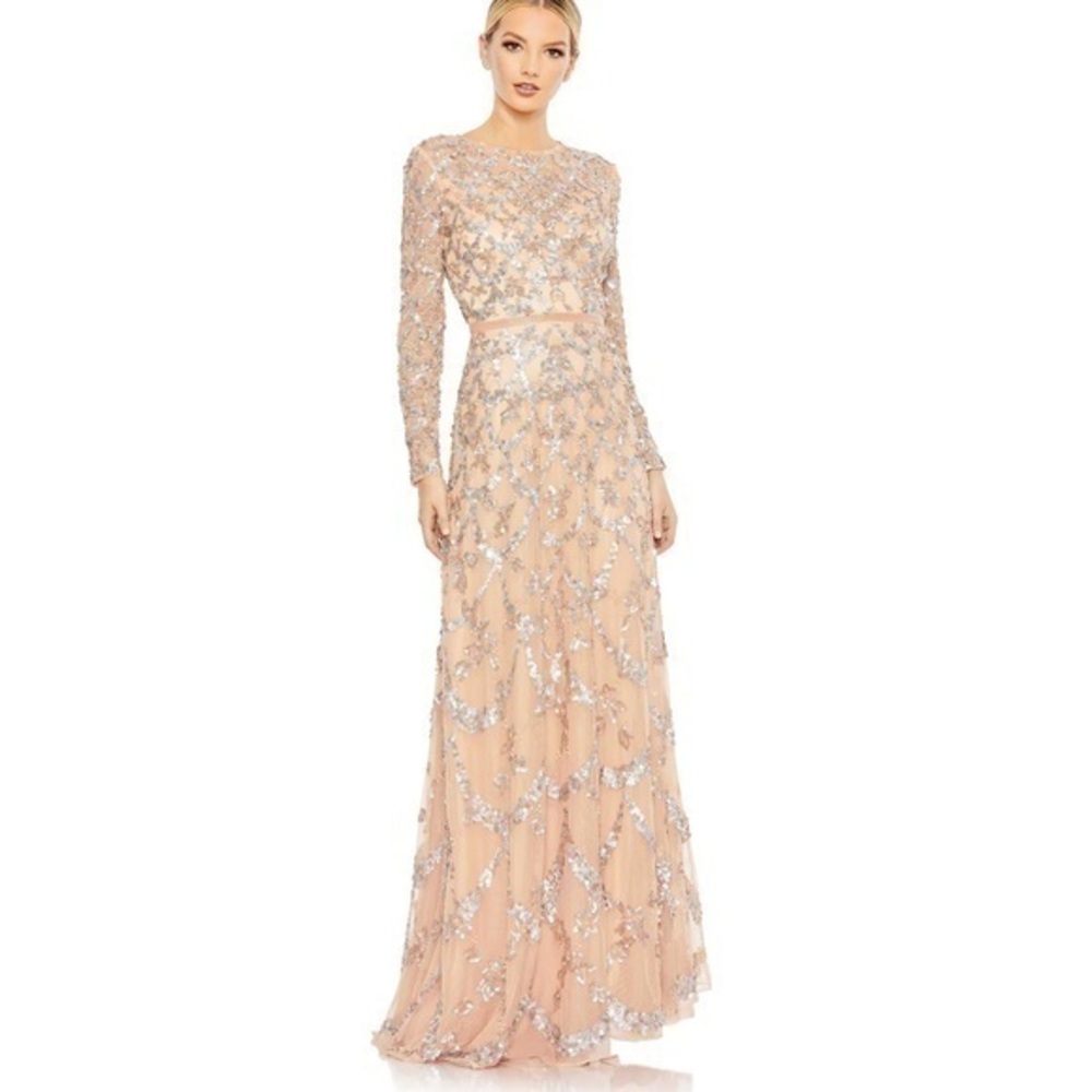 MAC DUGGAL Blush Embellished Illusion High Neck Long Sleeve A-Line Gown